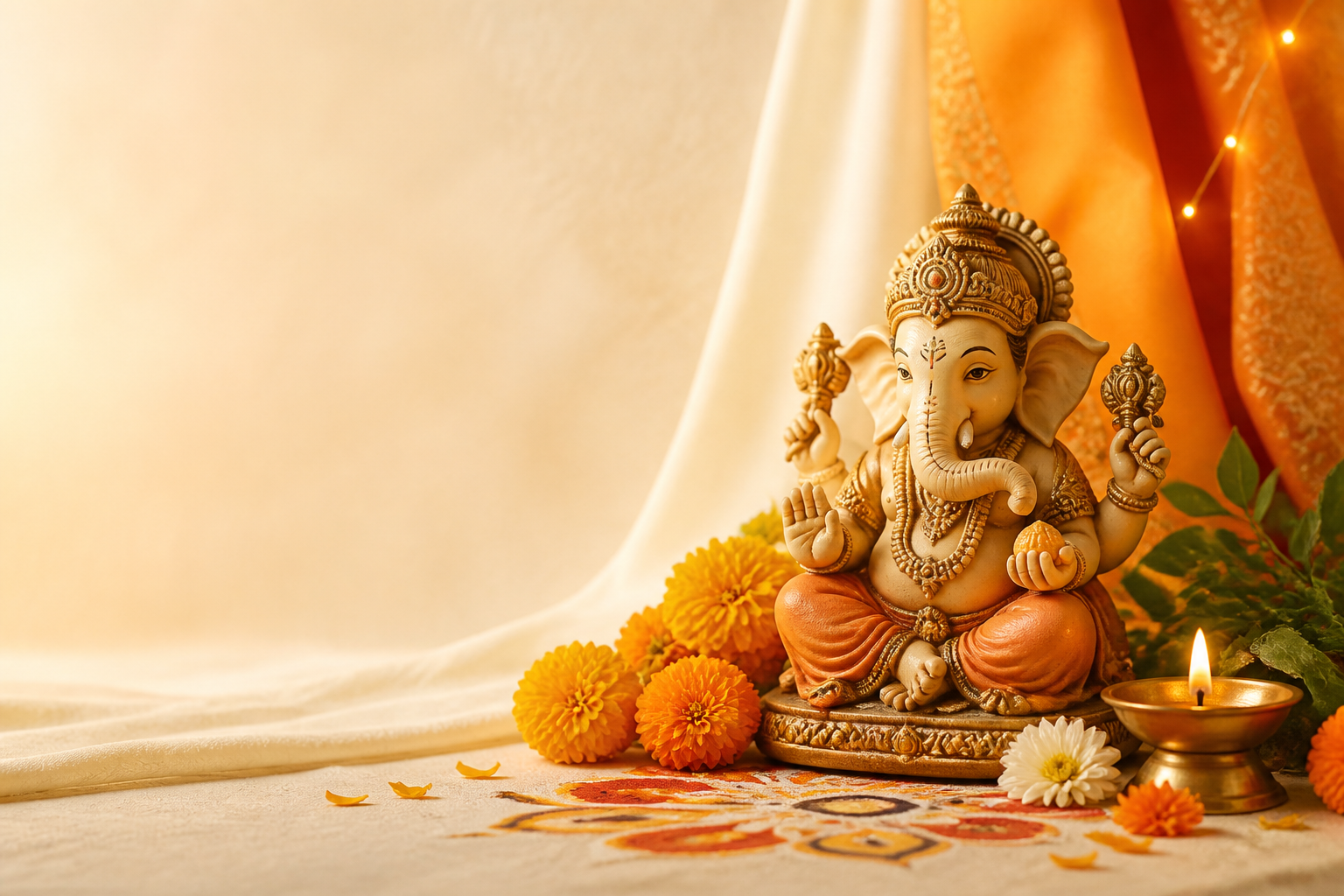 Ganesha idol with marigold flowers, diya, and rangoli for SiteOn's Ganesh Chaturthi campaign