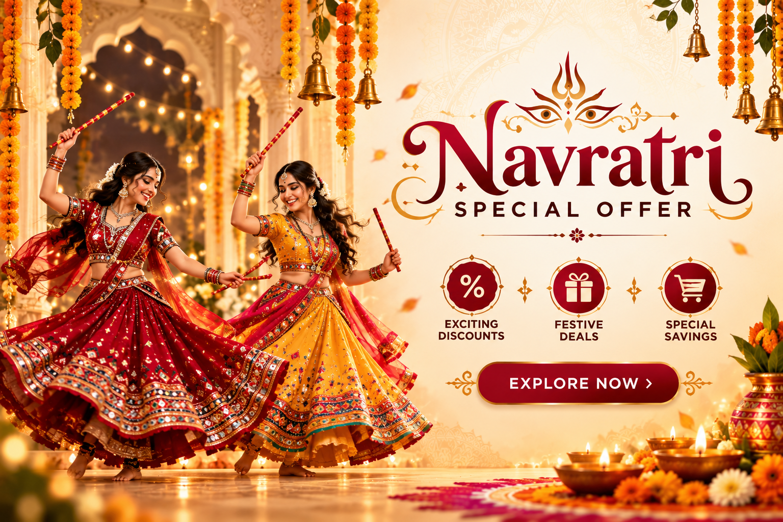 Festive Navratri arrangement with Maa Durga, marigolds, dandiya, rangoli, and diya