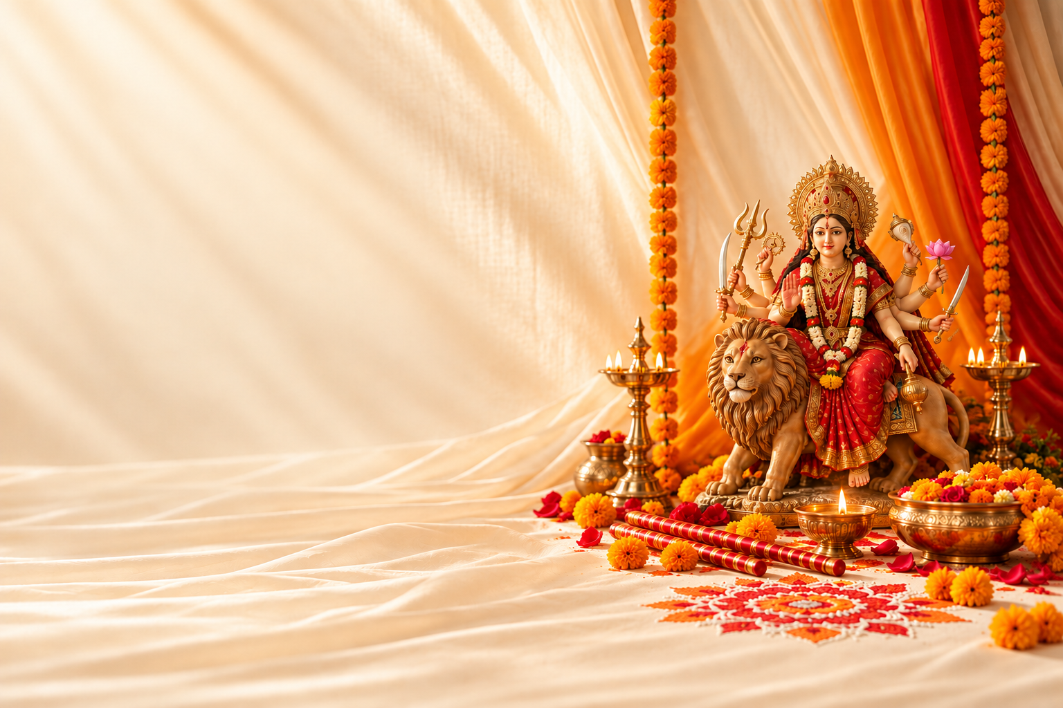 Maa Durga idol with marigold flowers, diya, dandiya, and rangoli for SiteOn's Navratri campaign